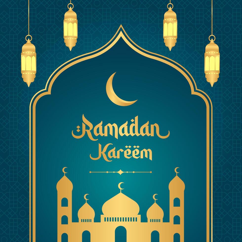 Islamitisch groeten Ramadan kareem achtergrond ontwerp met gouden kader, moskee, en lantaarns. Ramadan sjabloon poster voor sociaal media post vector
