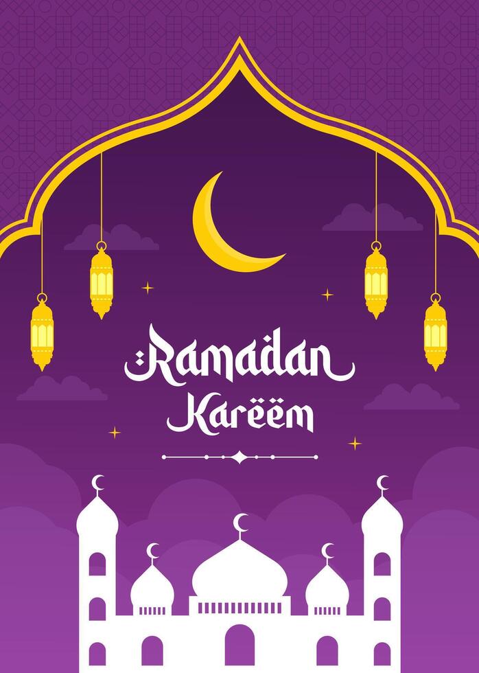 Islamitisch Ramadan viering Purper sjabloon poster ontwerp met moskee, en lantaarns. Ramadan kader achtergrond vector illustratie