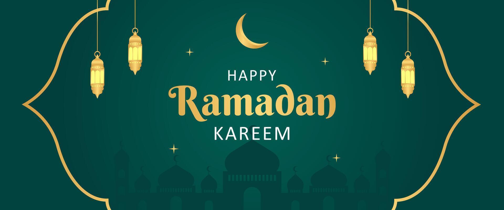 Islamitisch Ramadan viering banier sjabloon ontwerp met goud kader en lantaarn illustratie. Ramadan groen banier achtergrond. vector