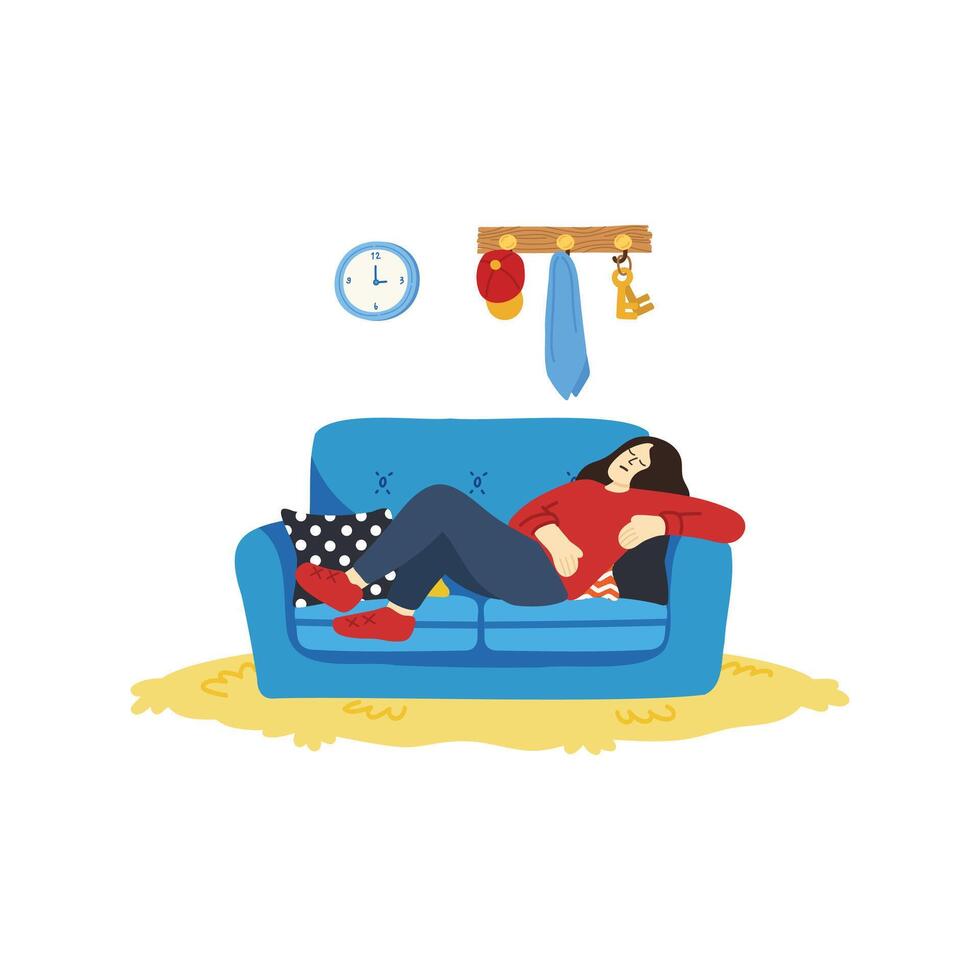 illustratie van een vrouw geprobeerd en ontspannende in leven kamer vector