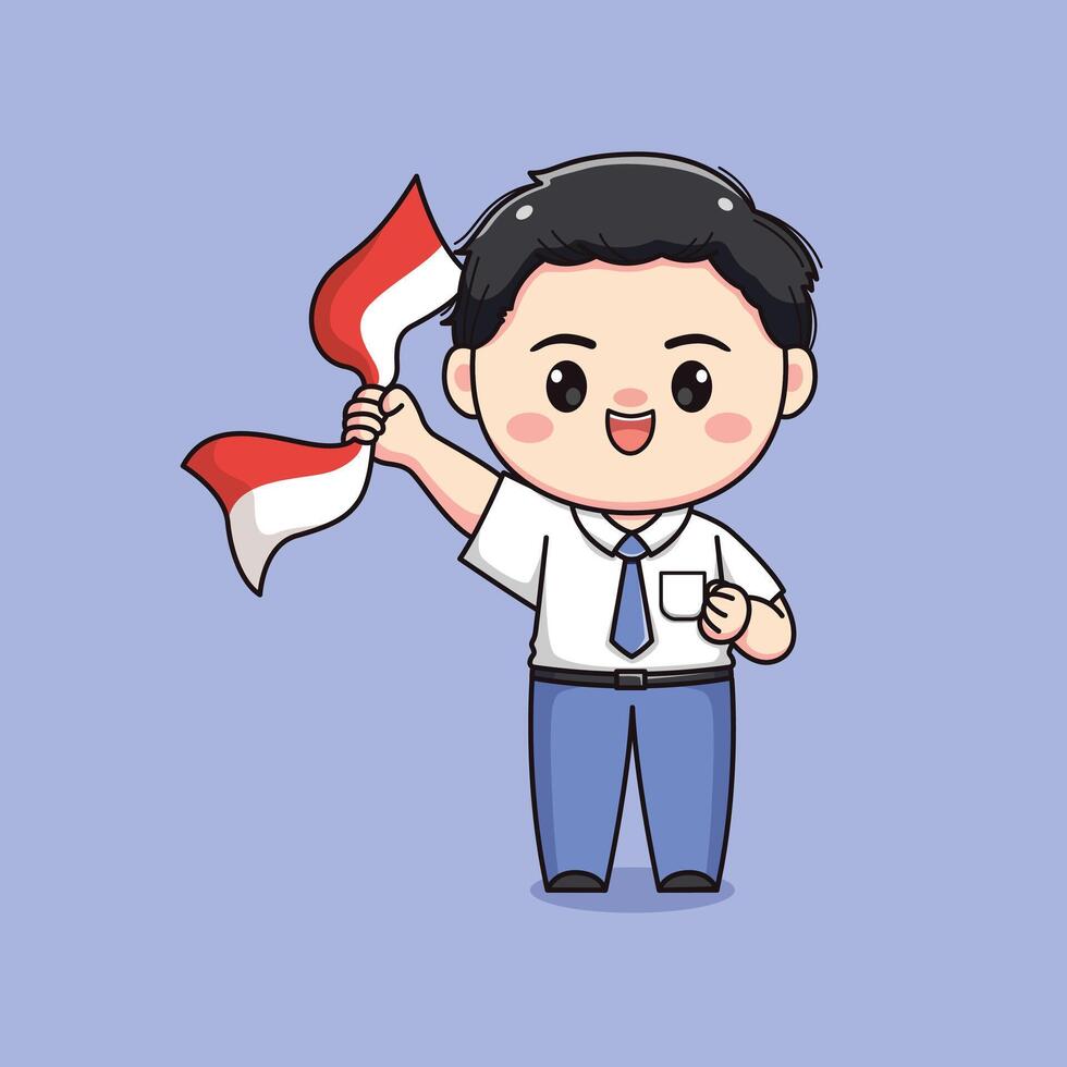 schattig hoog school- leerling jongen Holding Indonesisch vlag chibi kawaii vector