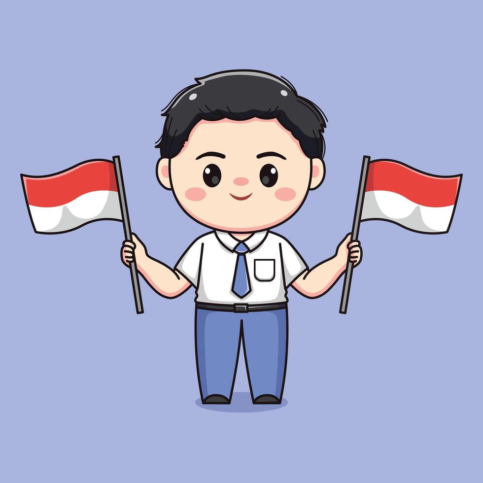 schattig hoog school- leerling jongen Holding Indonesisch vlag chibi kawaii vector