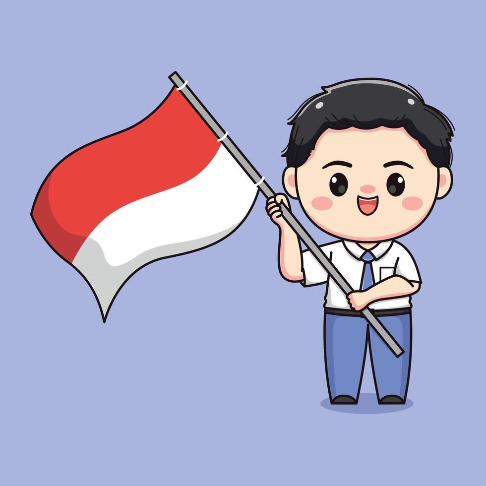 schattig hoog school- leerling jongen Holding Indonesisch vlag chibi kawaii vector