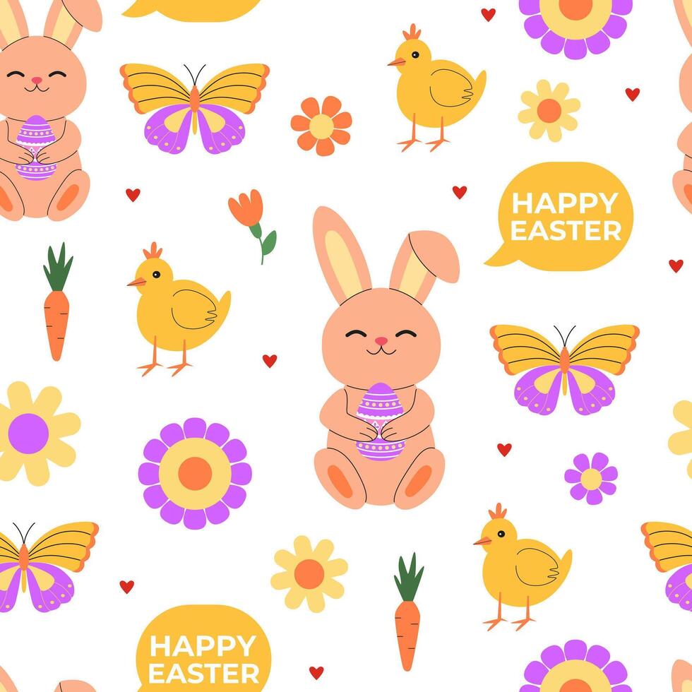helder voorjaar bloemen naadloos patroon. schattig Pasen konijn, kuikens, eieren, bloemen. achtergrond, achtergrond, digitaal en omhulsel papier. vector