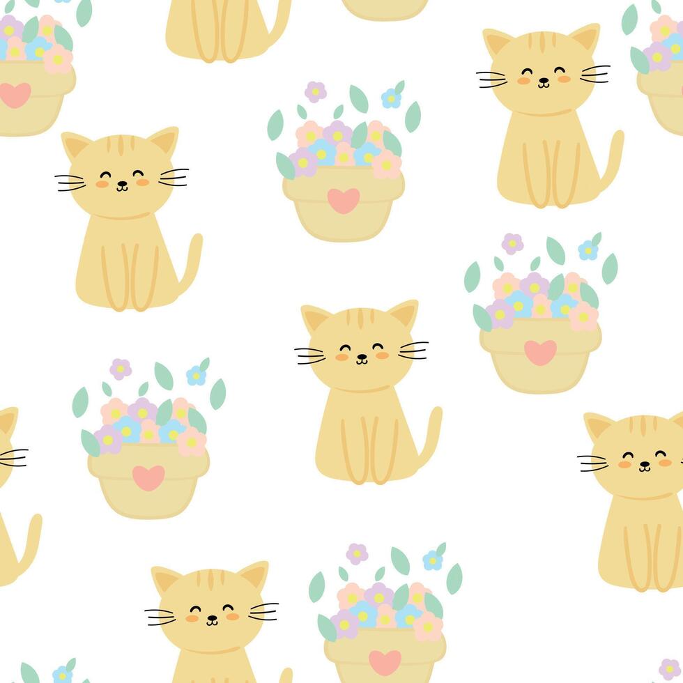 naadloos patroon met schattig tekenfilm katten en kleurrijk bloemen voor kleding stof afdrukken, textiel, geschenk omhulsel papier. kinderen kleurrijk vector, vlak stijl vector