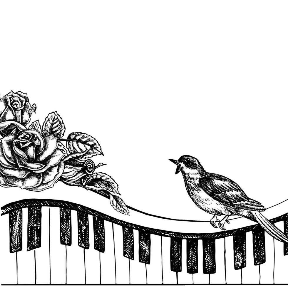 musical piano of synthesizer sleutels versierd met rozen met een nachtegaal, grafisch vector zwart en wit illustratie. voor de ontwerp van affiches, flyers en uitnodiging kaarten. voor banier en ansichtkaart