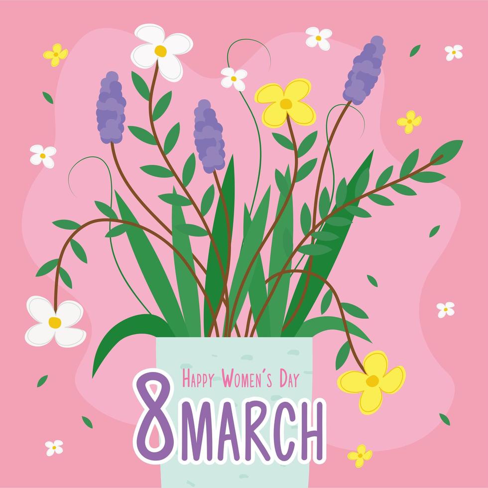 Happy Women's Day belettering kaart met bloemen in keramische pot vector