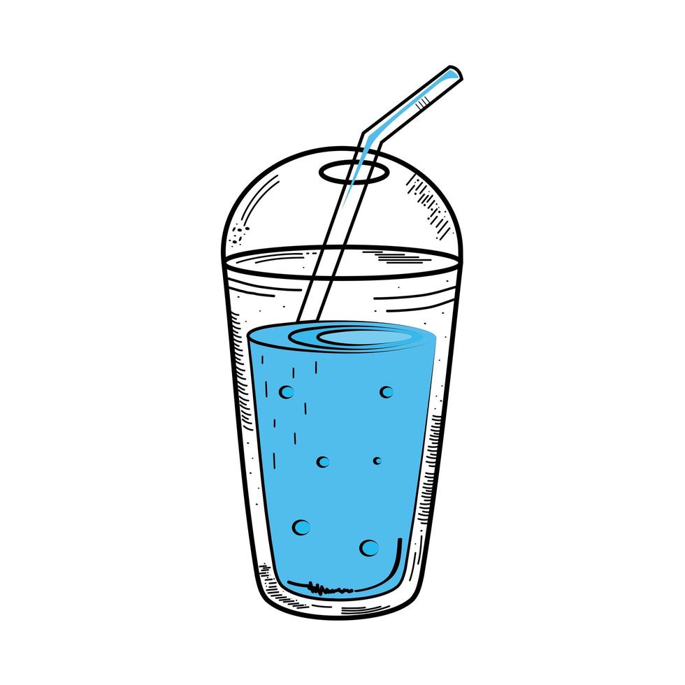 blauw drankje in afhaalglas tekening icoon vector