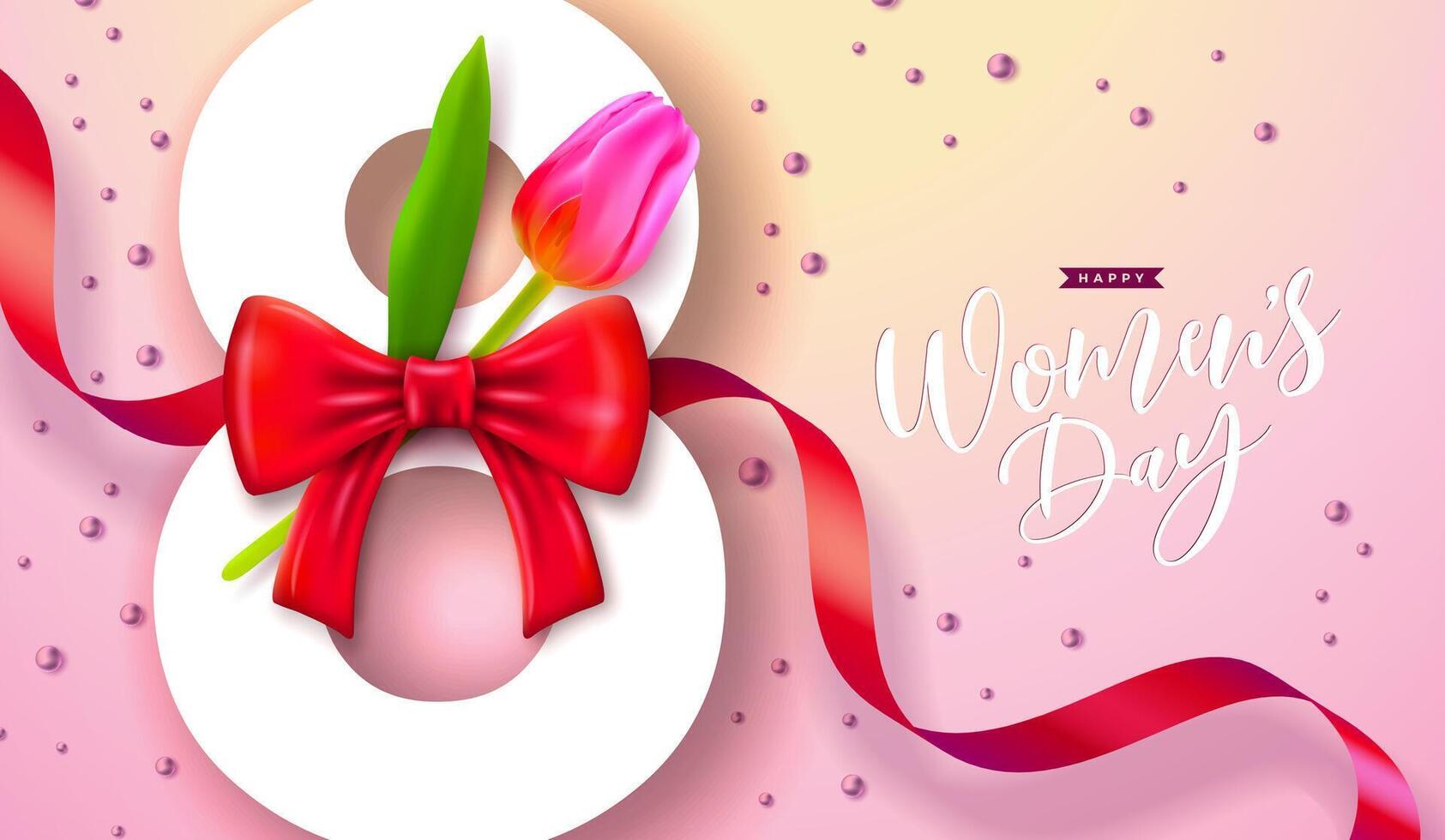 gelukkig vrouwen dag bloemen illustratie. 8 maart Internationale vrouwen dag vector ontwerp met voorjaar tulp bloem en rood lint Aan licht roze achtergrond. Dames of moeder dag thema sjabloon voor folder
