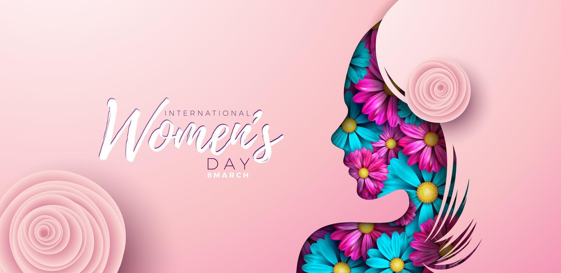 gelukkig vrouwen dag bloemen illustratie. 8 maart Internationale vrouwen dag vector ontwerp met voorjaar kleurrijk bloem en jong vrouw gezicht silhouet Aan licht achtergrond. Dames of moeder dag thema