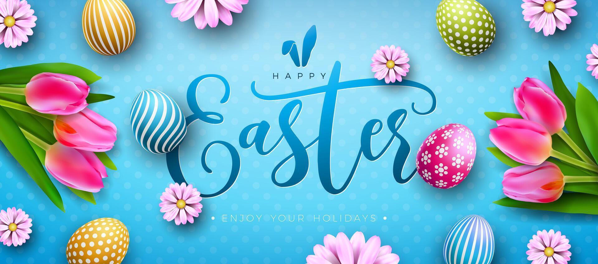 vector illustratie van gelukkig Pasen vakantie met kleurrijk geschilderd ei, tulp en voorjaar bloem Aan licht blauw achtergrond. Pasen dag viering ontwerp met typografie brief voor folder, groet kaart