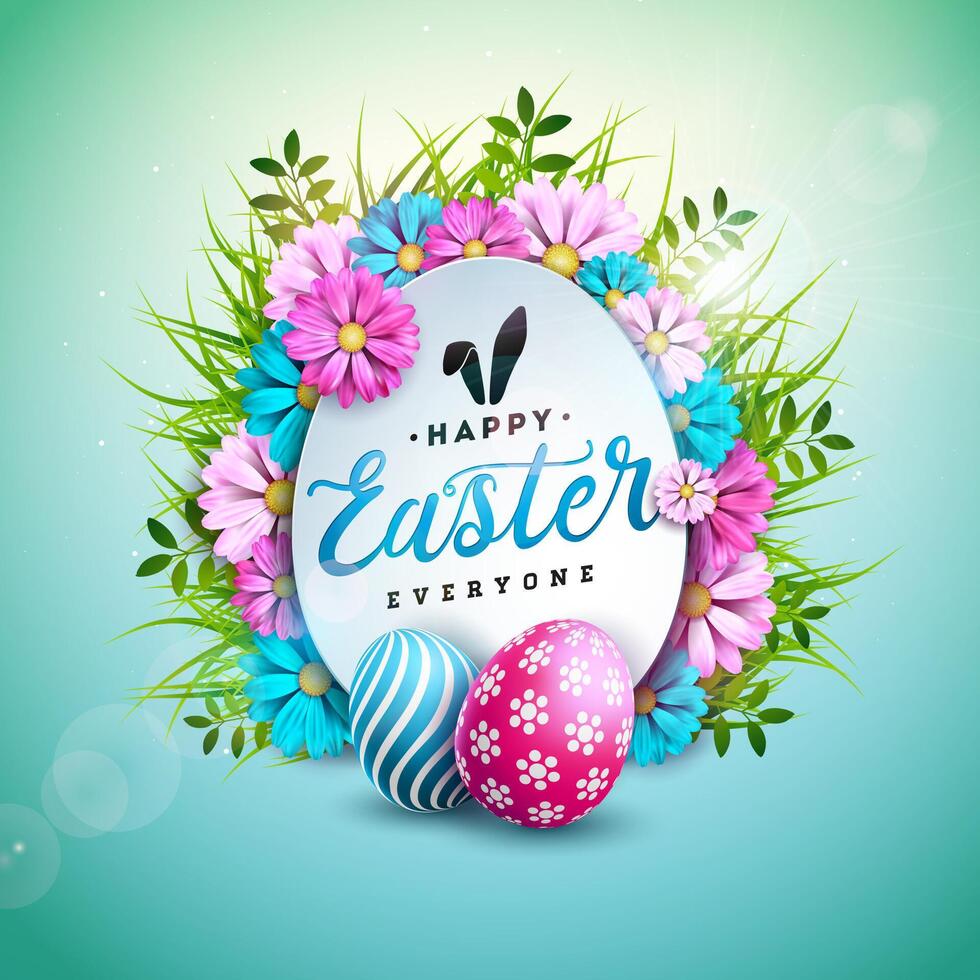 gelukkig Pasen illustratie met kleurrijk geschilderd ei en voorjaar bloem Aan blauw achtergrond. vector Pasen dag viering ontwerp voor folder, groet kaart, banier, vakantie poster of partij uitnodiging.