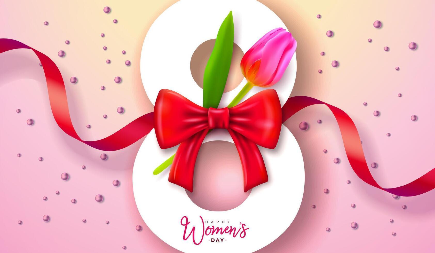 gelukkig vrouwen dag bloemen illustratie. 8 maart Internationale vrouwen dag vector ontwerp met voorjaar tulp bloem en rood lint Aan licht roze achtergrond. Dames of moeder dag thema sjabloon voor folder