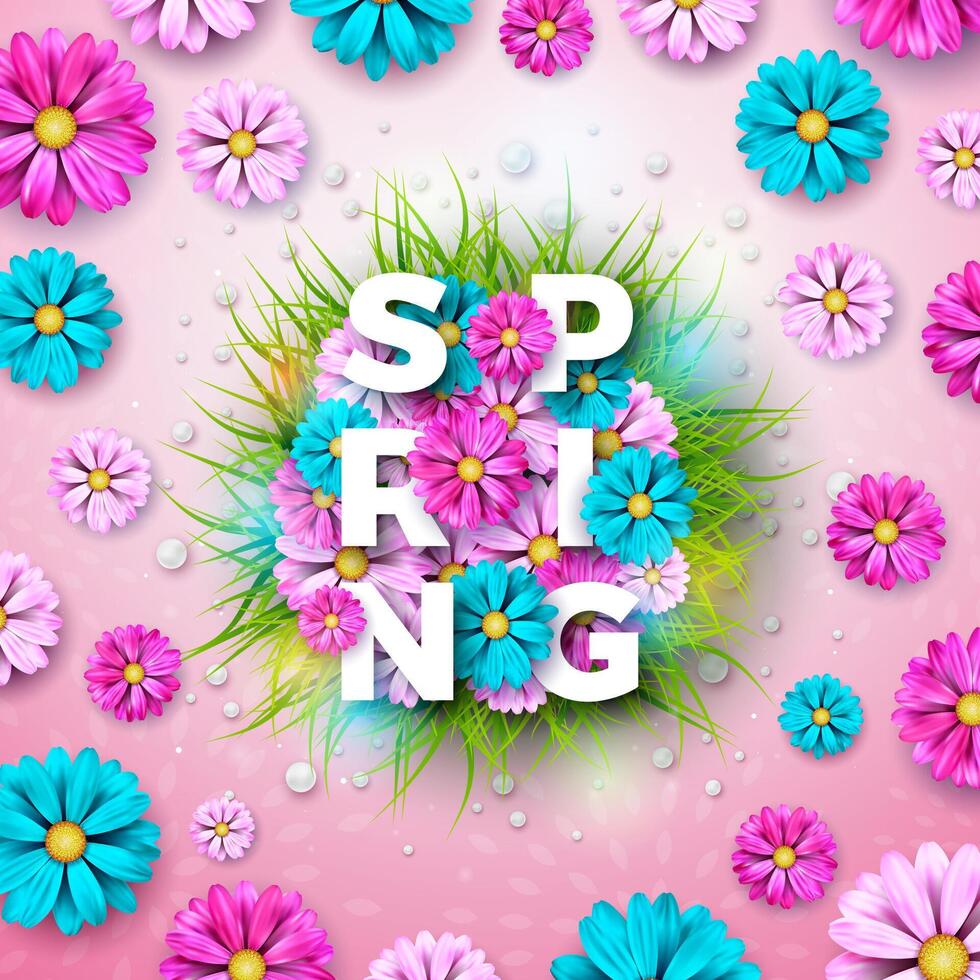 vector illustratie Aan een voorjaar natuur thema met mooi kleurrijk bloem Aan roze achtergrond. bloemen ontwerp sjabloon met typografie brief voor banier, folder, uitnodiging, poster of groet kaart.