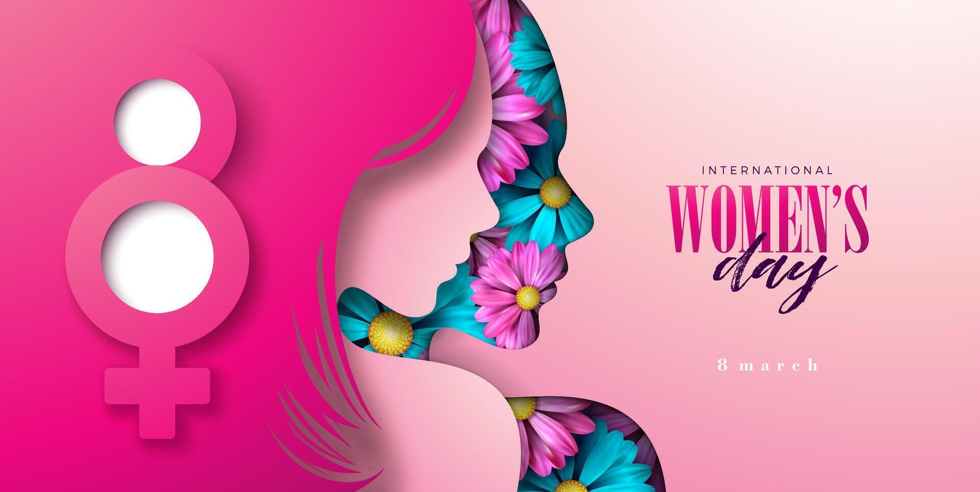 8 maart Internationale vrouwen dag vector illustratie met voorjaar kleurrijk bloem in jong vrouw gezicht silhouet en vrouw symbool Aan licht roze achtergrond. Dames of moeder dag thema sjabloon voor folder