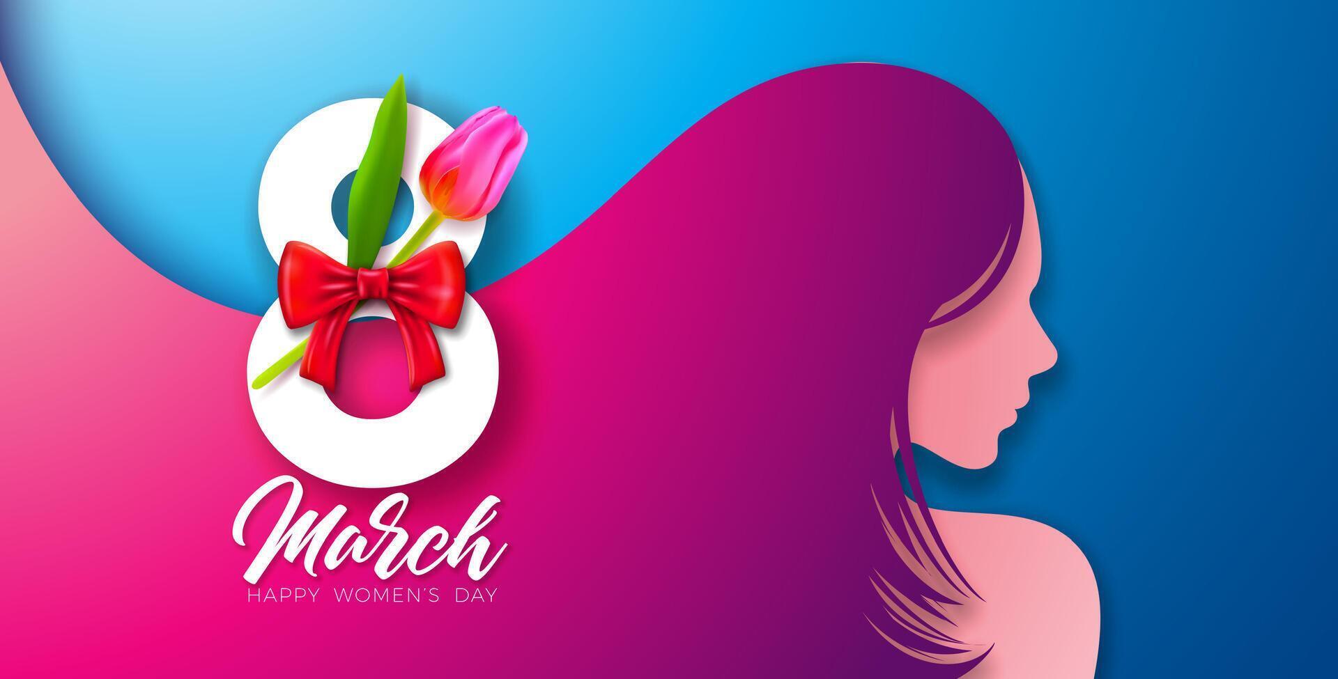 gelukkig vrouwen dag bloemen illustratie. 8 maart Internationale vrouwen dag vector ontwerp met voorjaar tulp bloem en jong vrouw gezicht silhouet Aan blauw achtergrond. Dames of moeder dag thema sjabloon