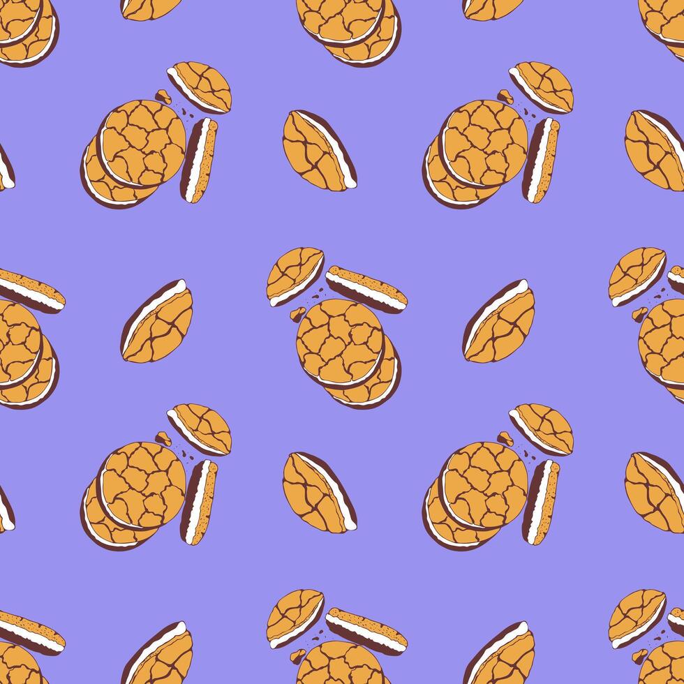 patroon met koekjes Aan Purper achtergrond, chocola koekjes met room vulling, hand- getrokken tekening. voor verpakking ontwerp. vector