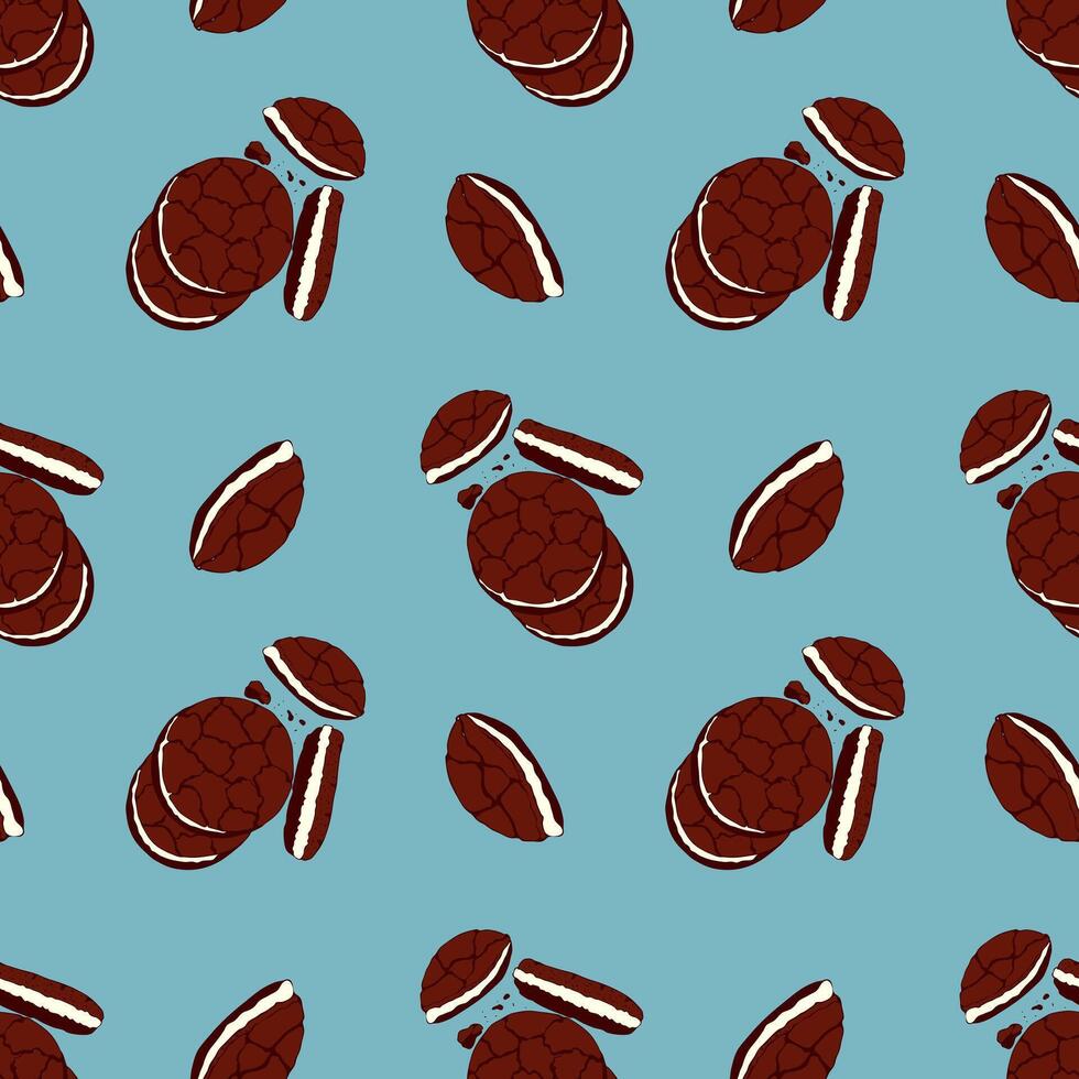 patroon met koekjes Aan blauw achtergrond, chocola koekjes met room vulling, hand- getrokken tekening. voor verpakking ontwerp. vector