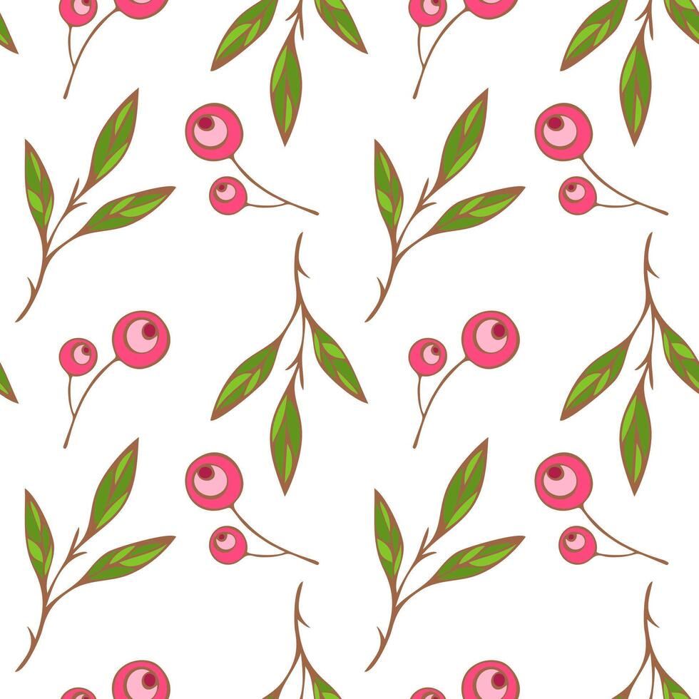 naadloos patroon van gestileerde rood sakura kers bessen en groen bladeren Aan een wit achtergrond. hand- tekening. vector