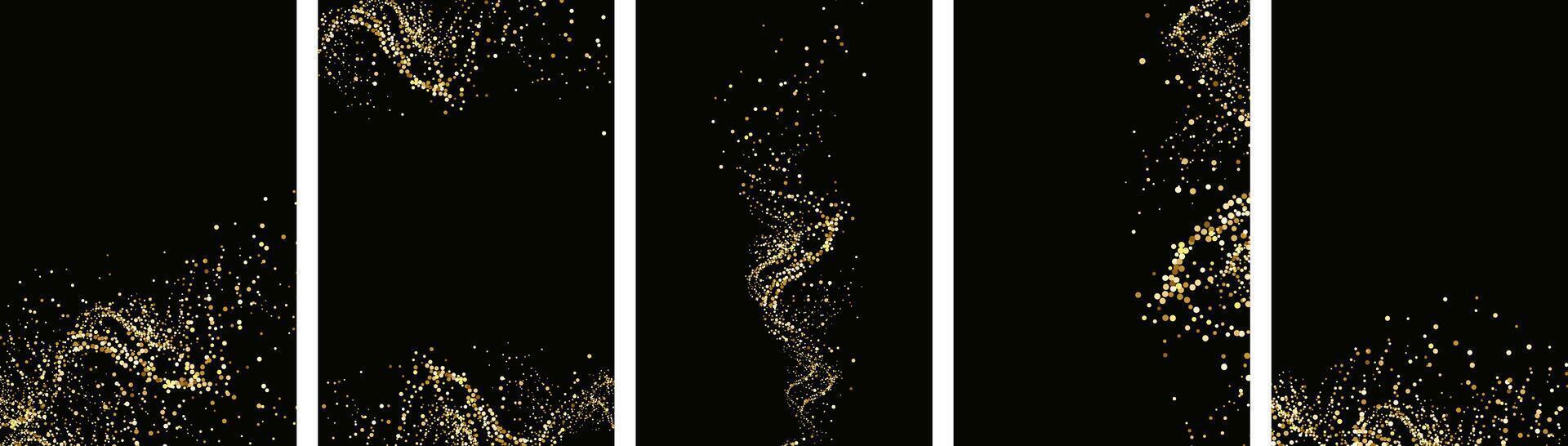 verzameling van glinsterende sterren met gouden glinsterende wervelingen, glimmend schitteren ontwerp. magisch beweging, sprankelend lijnen Aan een zwart achtergrond. vector