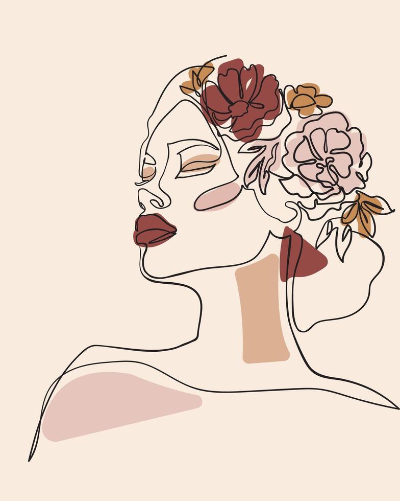 vrouw gezicht met bloemen in haar haar, lijn tekening kunst. - vector illustratie