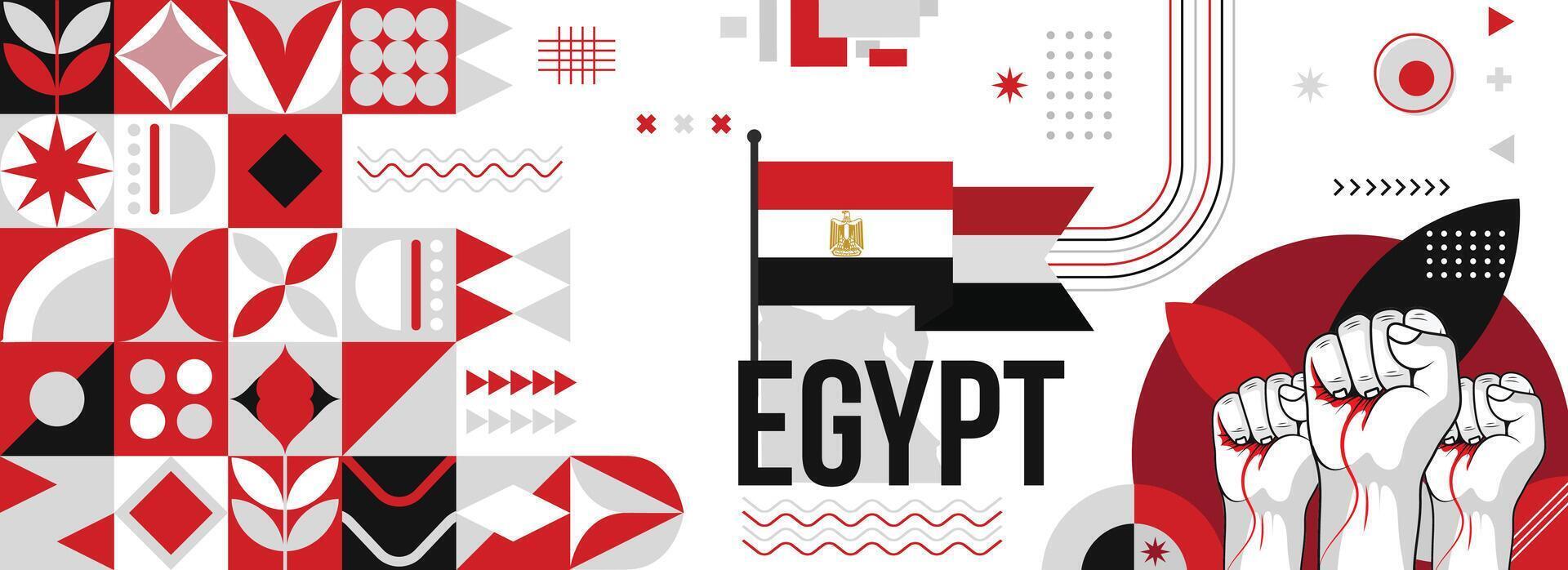 Egypte nationaal of onafhankelijkheid dag banier voor land viering. vlag en kaart van Egypte met verheven vuisten. modern retro ontwerp met typorgaphy abstract meetkundig pictogrammen. vector illustratie