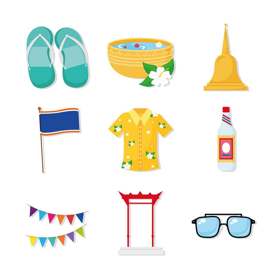 bundel van negen songkran festival set iconen vector