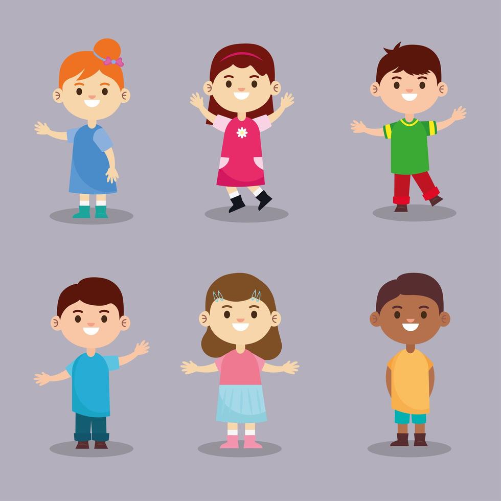 groep van zes vrolijke interraciale karakters voor kleine kinderen vector