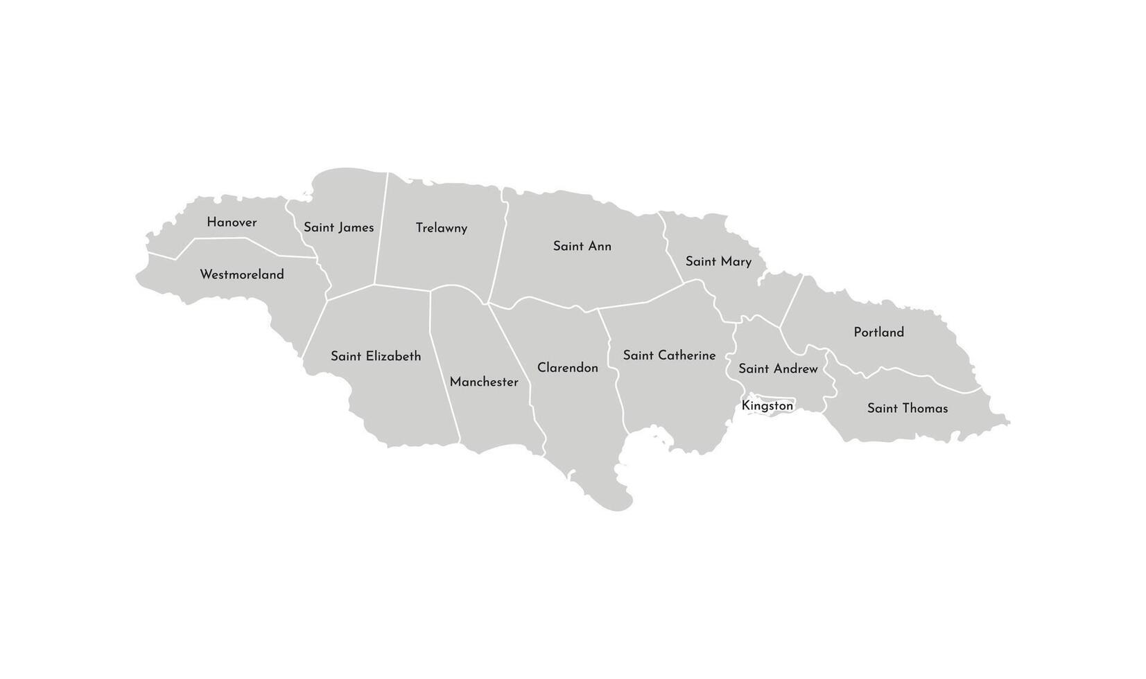 vector geïsoleerd illustratie van vereenvoudigd administratief kaart van Jamaica. borders en namen van de parochies, Regio's. grijs silhouetten. wit schets