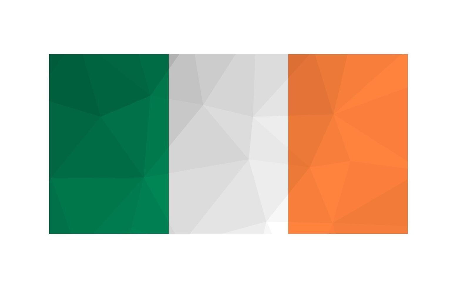vector geïsoleerd illustratie. nationaal Iers vlag met driekleur van groente, wit, oranje. officieel symbool van republiek van Ierland. creatief ontwerp in laag poly stijl met driehoekig vormen.