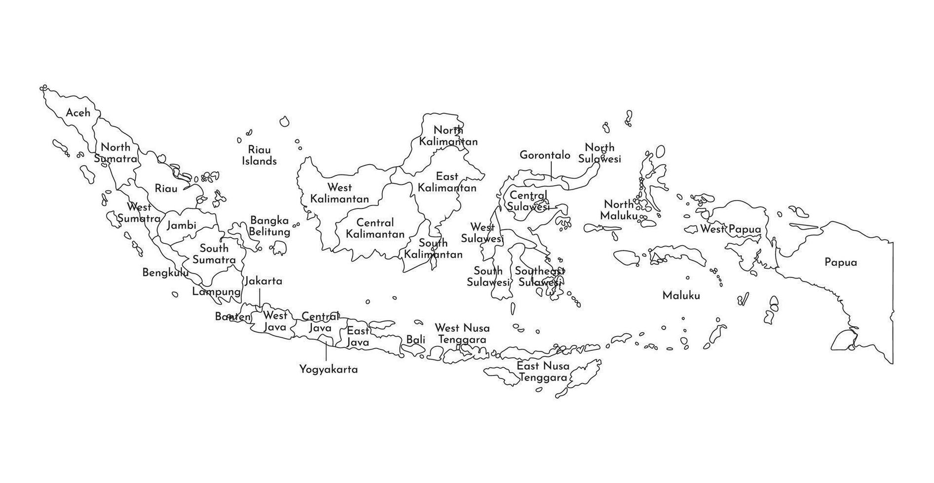 vector geïsoleerd illustratie van vereenvoudigd administratief kaart van Indonesië. borders en namen van de Regio's. zwart lijn silhouetten.