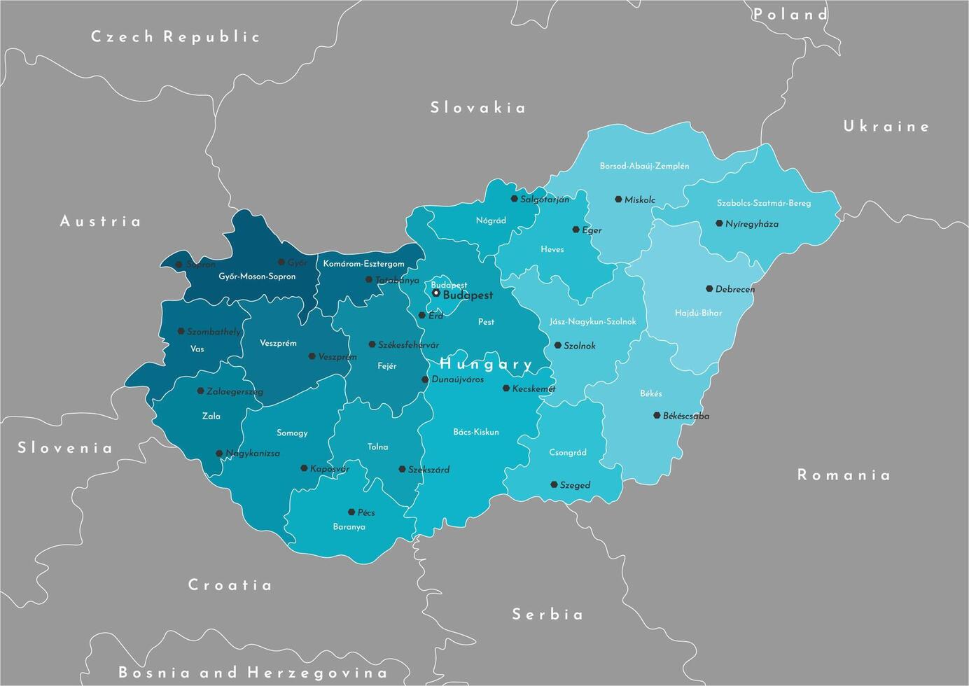 vector modern illustratie. vereenvoudigd administratief kaart van Hongarije in blauw en borders met naburig landen. namen van Hongaars steden en provincies