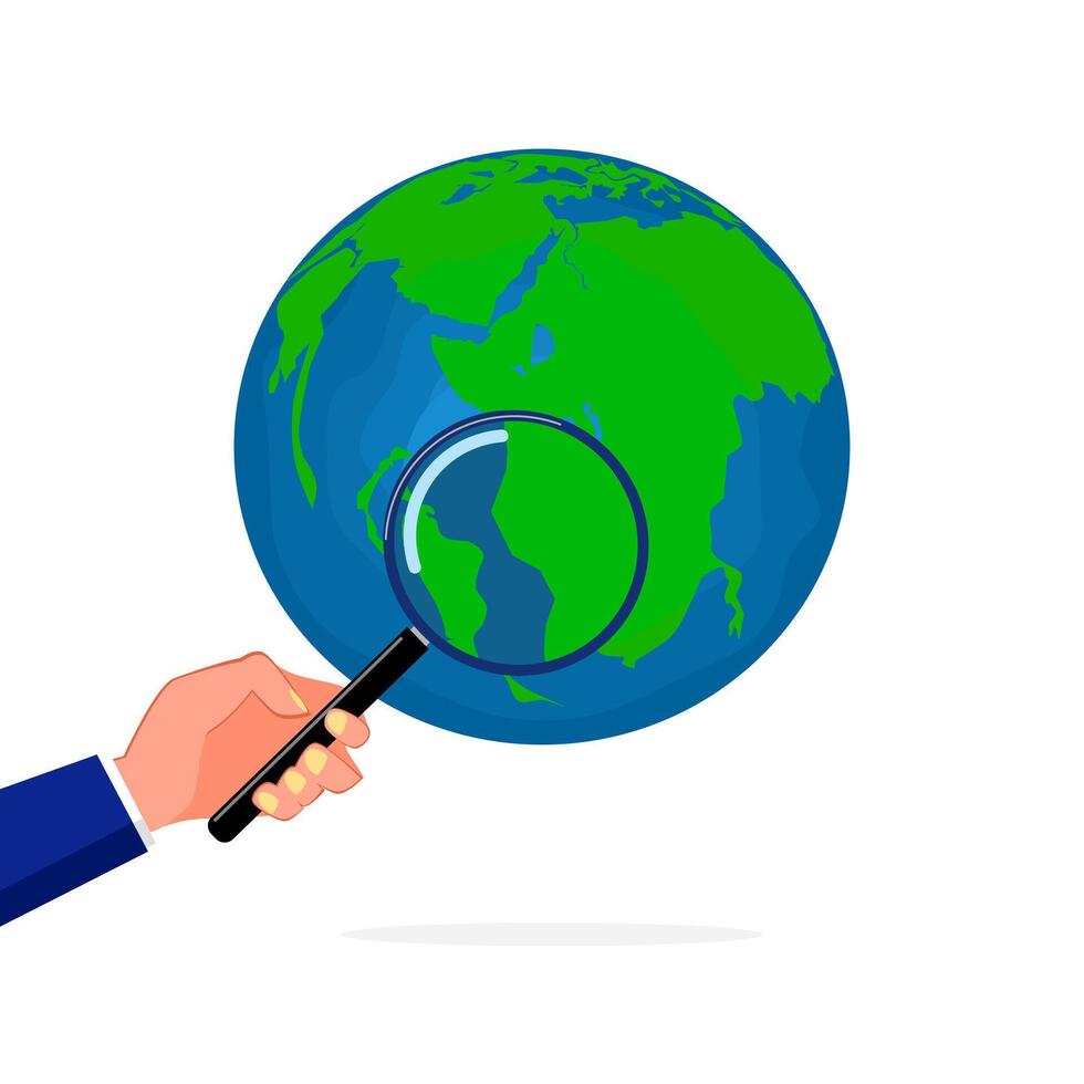 een persoon Holding een vergroten glas looks Bij de wereld. landmeters en analysatoren vector