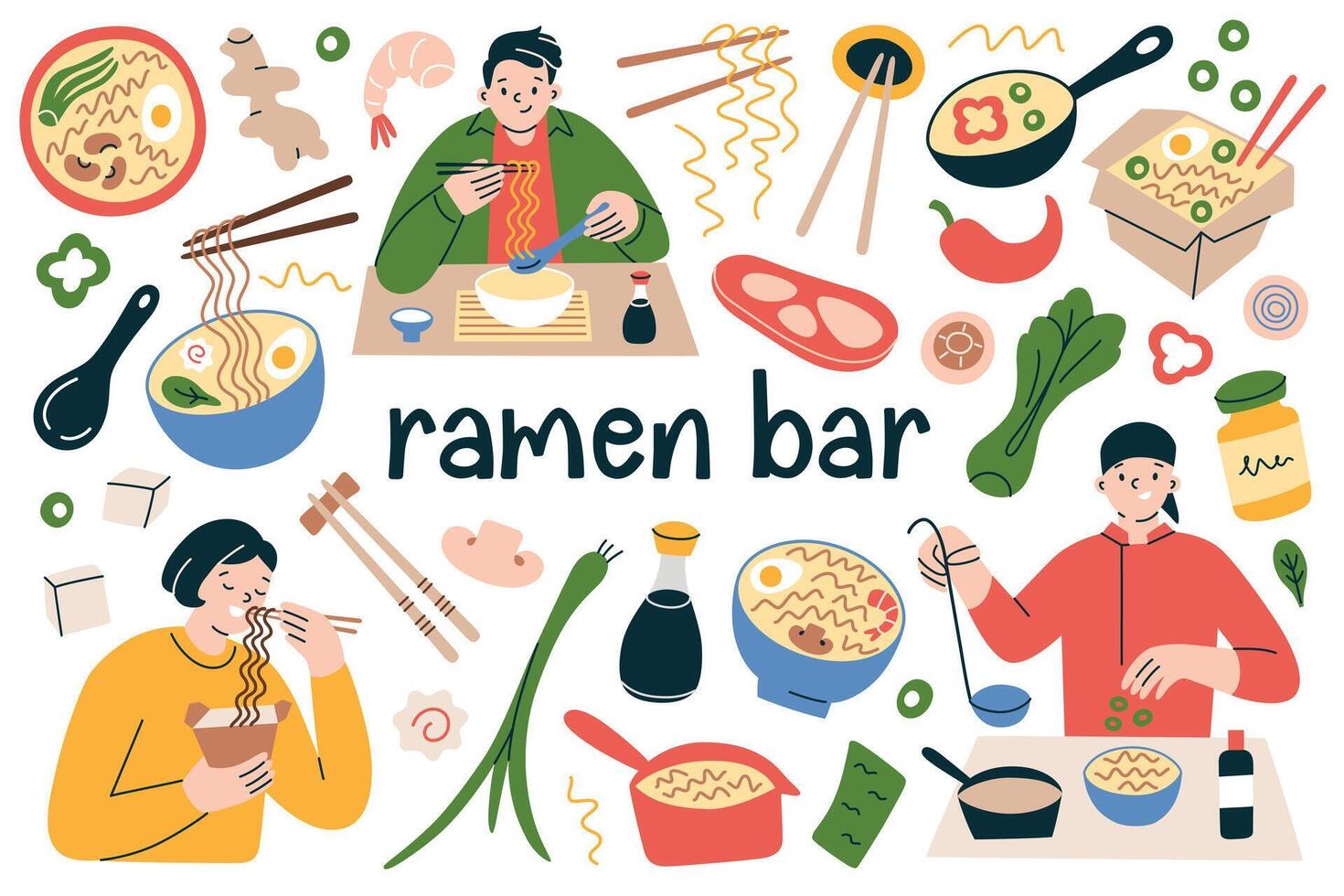 ramen bar, mensen aan het eten Chinese noodle soep vector