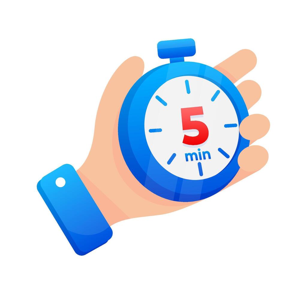 hand- stevig aangrijpend een blauw stopwatch reeks naar 5 minuten, met een prominent rood hoogtepunt Aan de timer vector