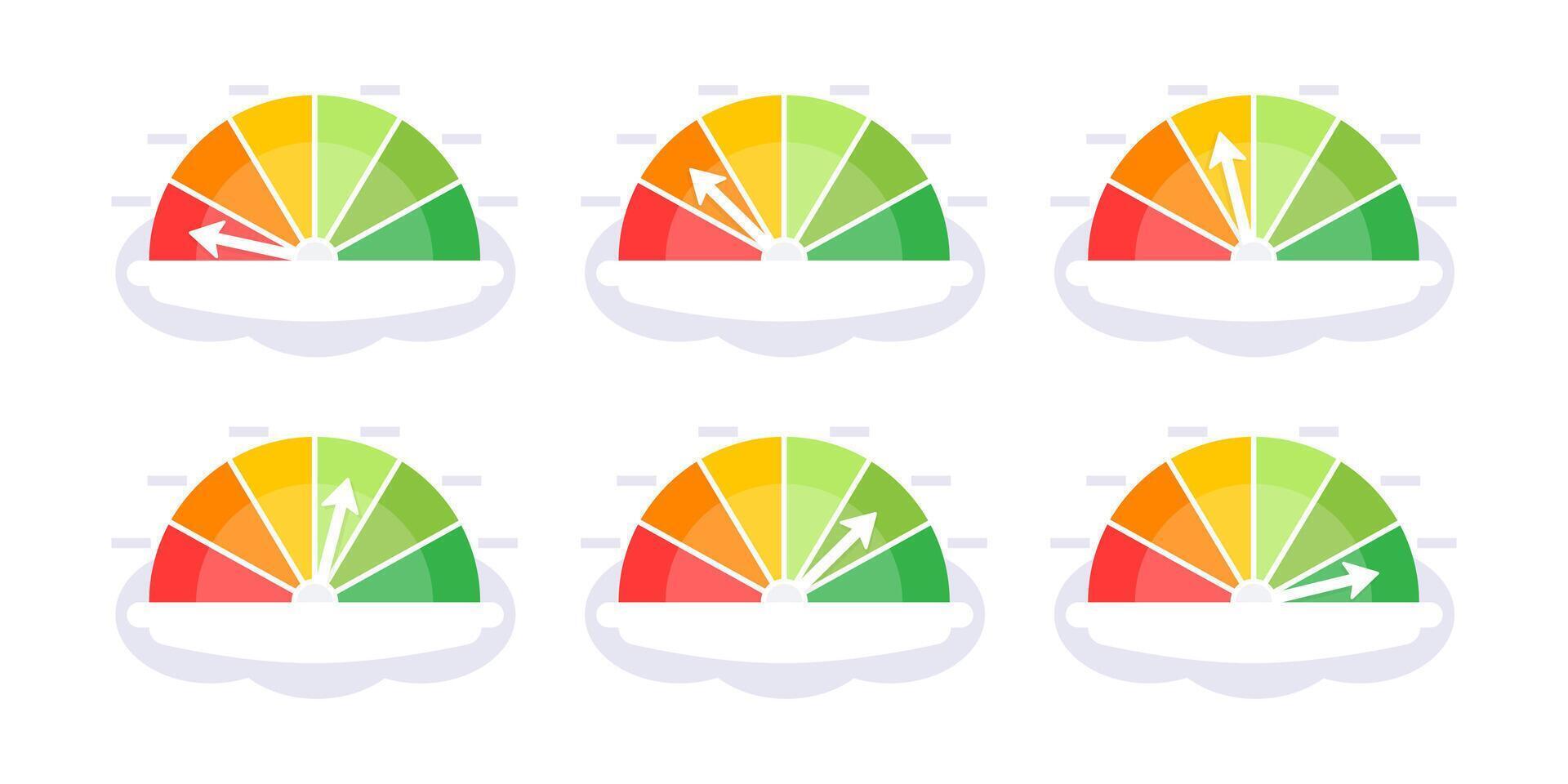 snelheidsmeter set, peilen meter. snelheid wijzerplaat indicator. schaal, niveau van prestatie. partituur voortgang. vector illustratie