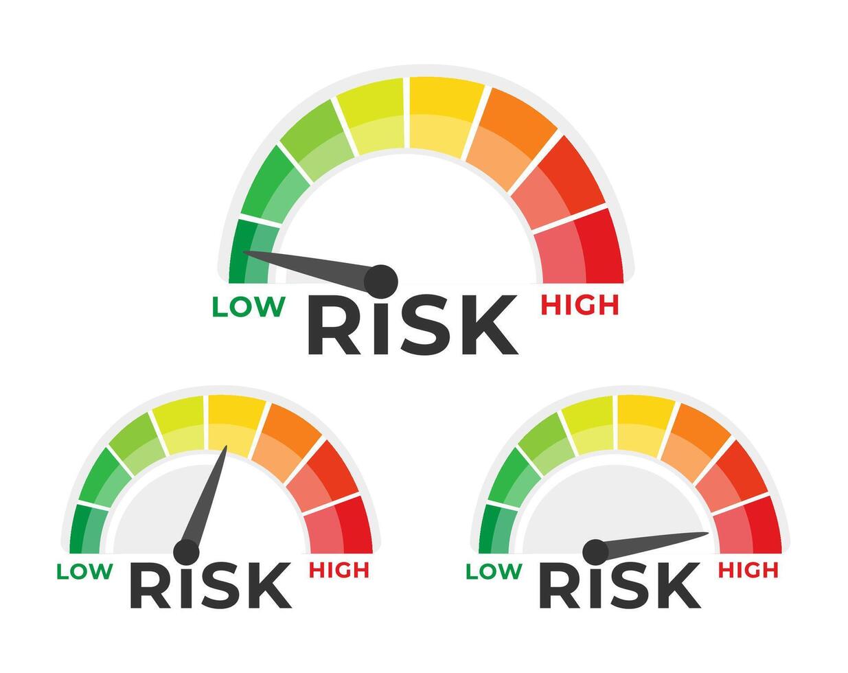 risico meter snelheidsmeter set. peilen meter. hoog risico. schaal, niveau van prestatie. vector illustratie