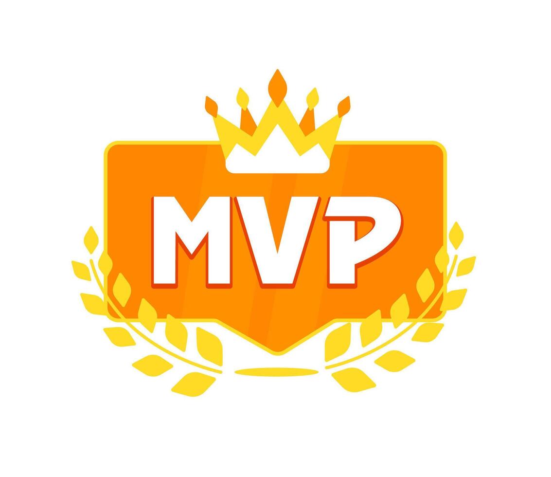 mvp - meest waardevol speler prijs. gouden kroon en laurier Aan glimmend oranje insigne verkondigen vector