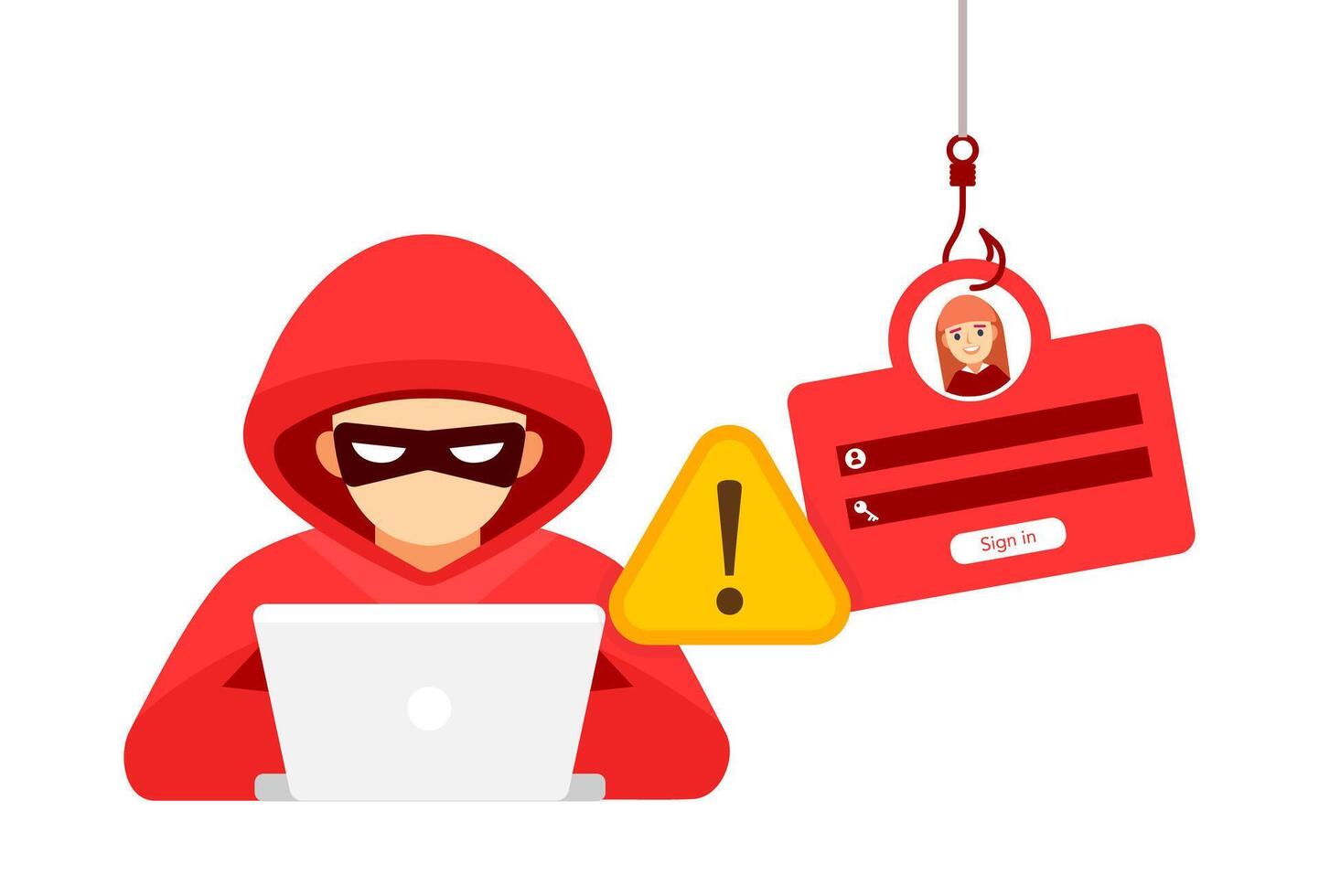 hacker met een phishing val, gericht op persoonlijk Log in informatie. cyberveiligheid bedreiging en identiteit diefstal vector