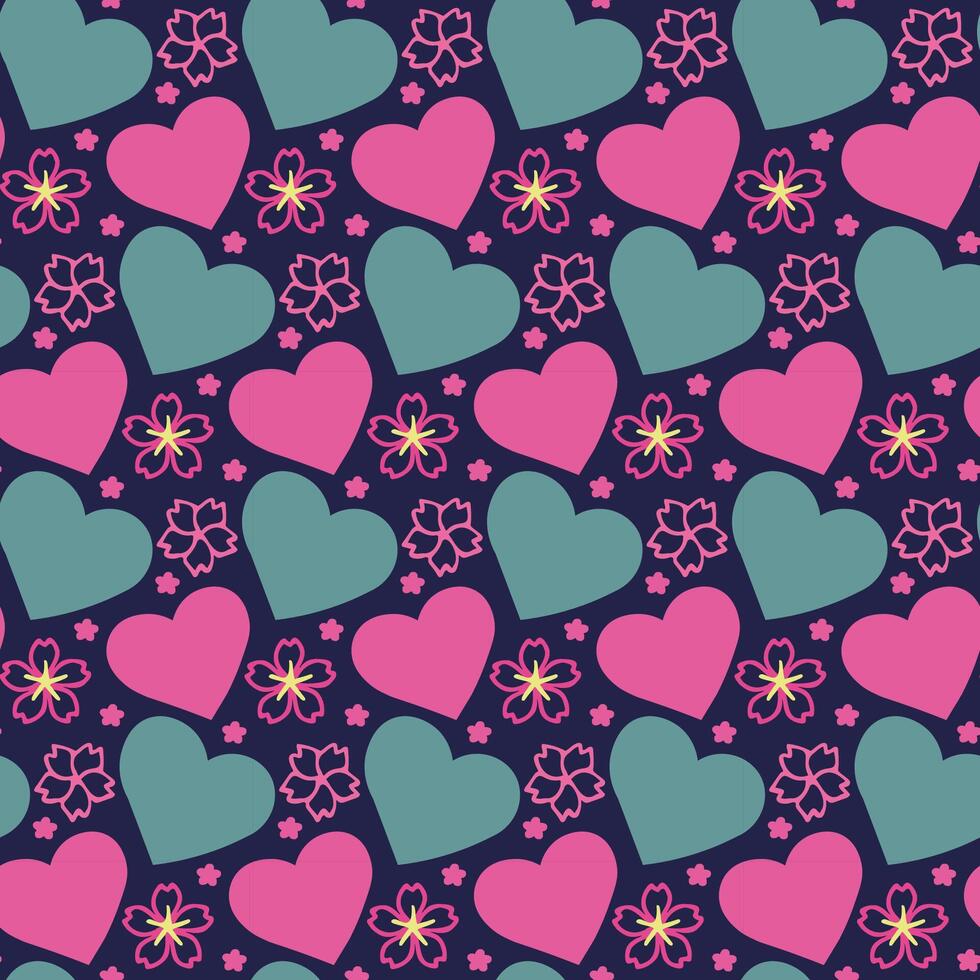kers lijn kunst bloem en harten naadloos patroon voor textiel , plakboek papier. vector voorjaar meisjesachtig roze achtergrond voor Valentijnsdag dag