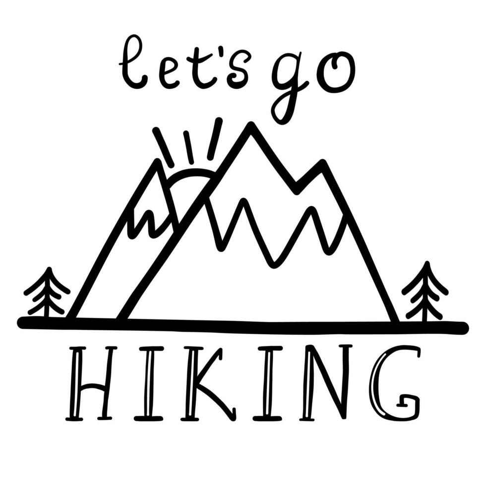 hand- getrokken wandelen logo, embleem , insigne met bergen en belettering vector