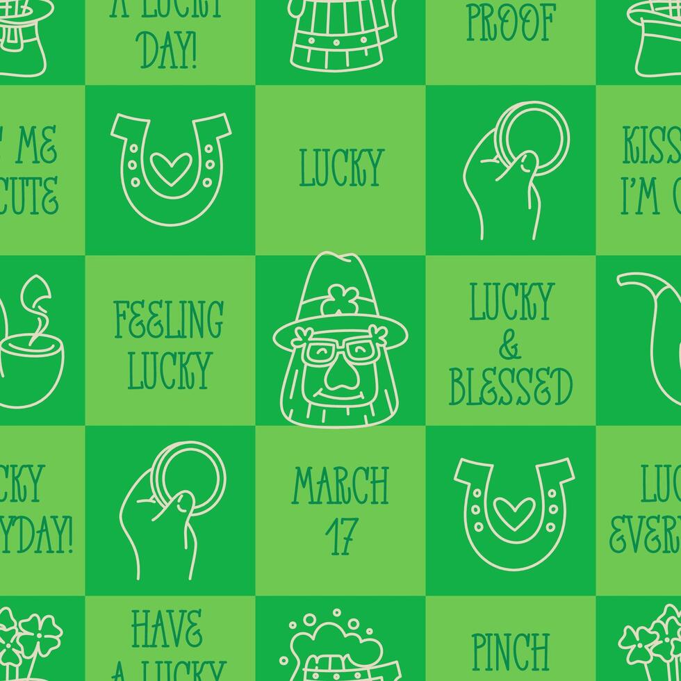 st patricks dag grappig naadloos patroon met een geruit groen achtergrond en schattig hand getekend Iers vakantie citaten, pictogrammen, symbolen, en elementen. vector