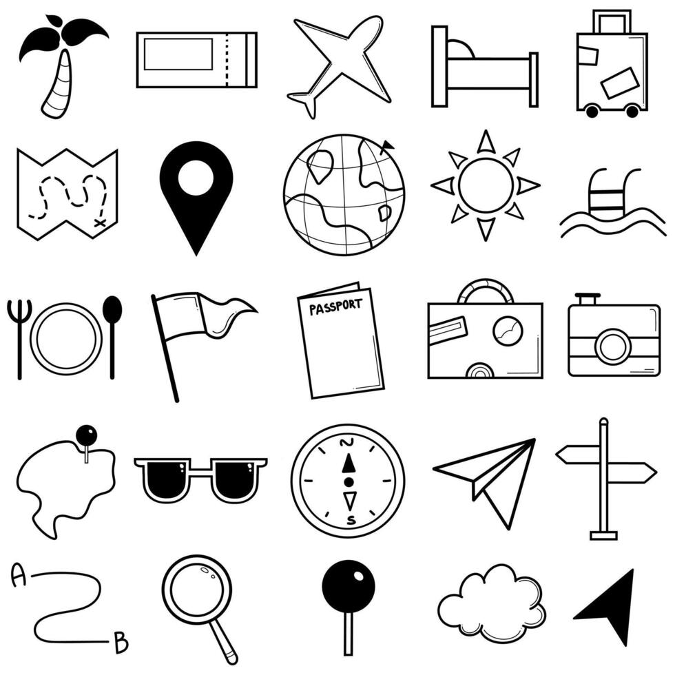 een reeks van vector afbeeldingen Aan de thema van reis, inclusief veel pictogrammen. vliegtuig, palm boom, wegwijzer, merken, ticket en veel meer