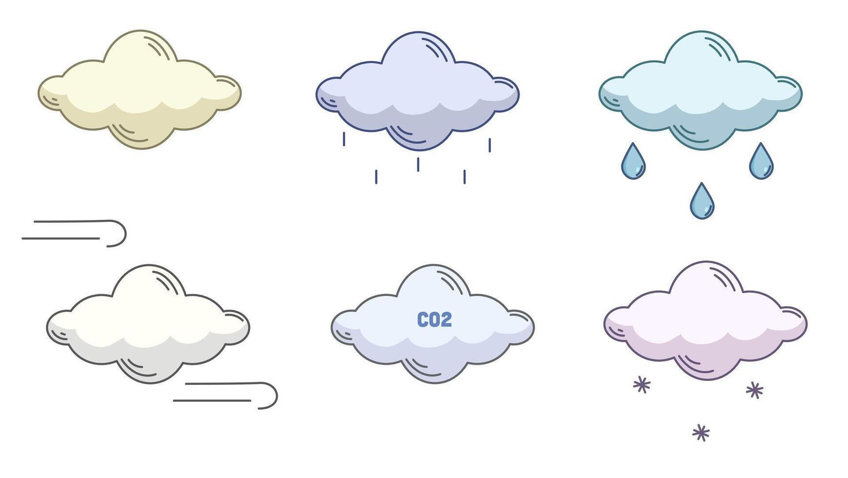 gekleurde reeks van pictogrammen Aan de thema van weer met divers wolken. regenen, wind, sneeuw, co2, Nee neerslag vector