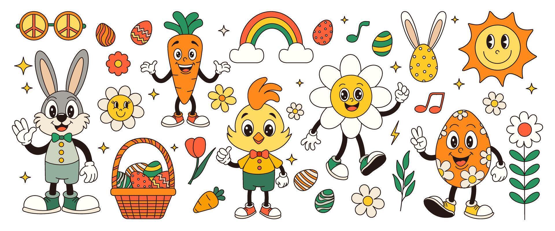 groovy Pasen reeks met konijn, kip, ei, madeliefje, bloem. vector retro illustratie voor kaart, poster, banier, web.