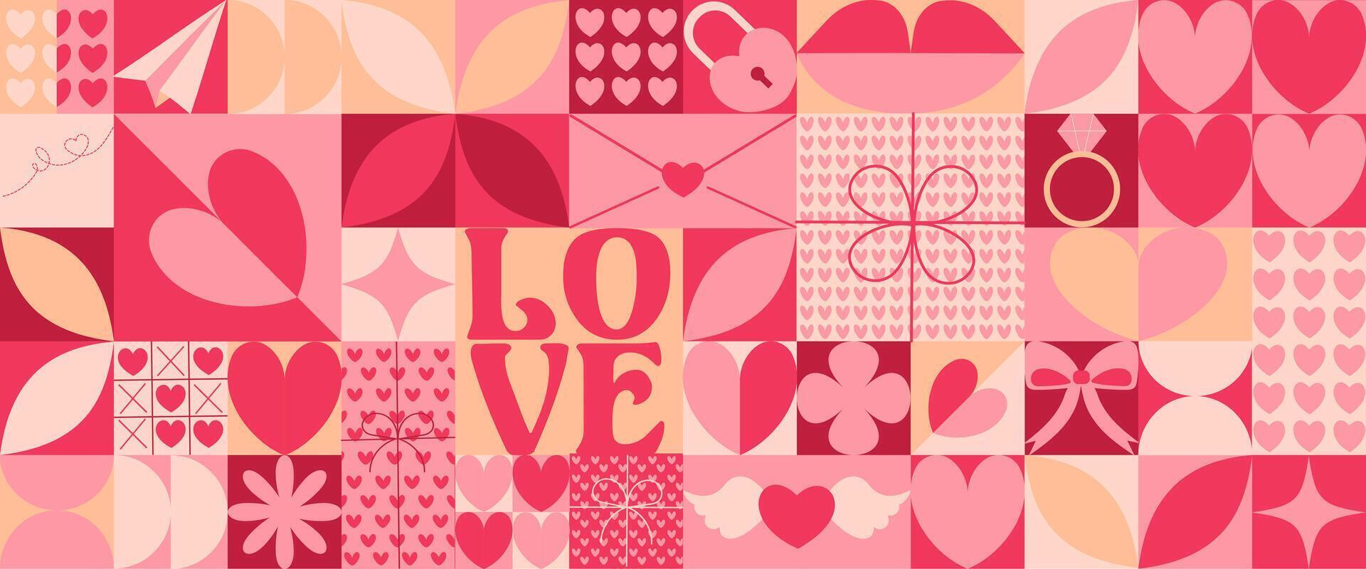 Valentijn s dag pictogrammen elementen met meetkundig patroon. bauhaus stijl. vector vlak ontwerp voor poster, kaart, behang, poster, banier, verpakking.