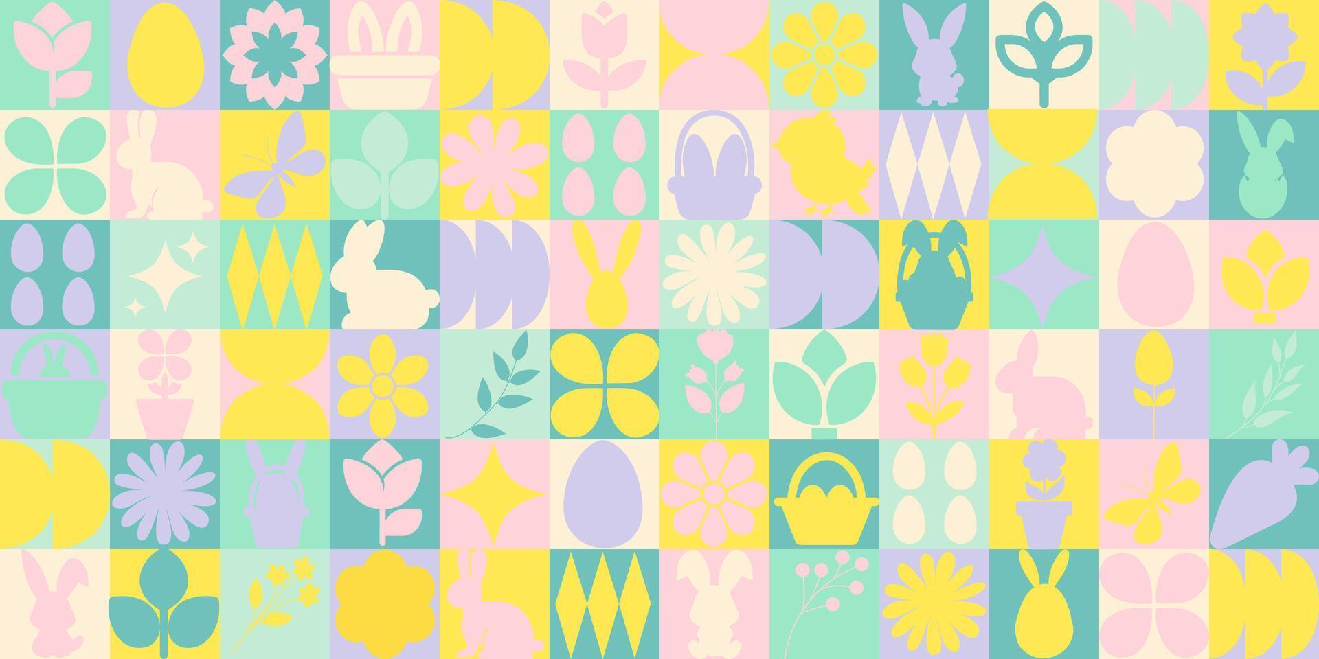 Pasen pictogrammen elementen met meetkundig patroon. bauhaus stijl. vector vlak ontwerp voor poster, kaart, behang, poster, banier, verpakking. konijn, bloem, kuiken, ei, mand