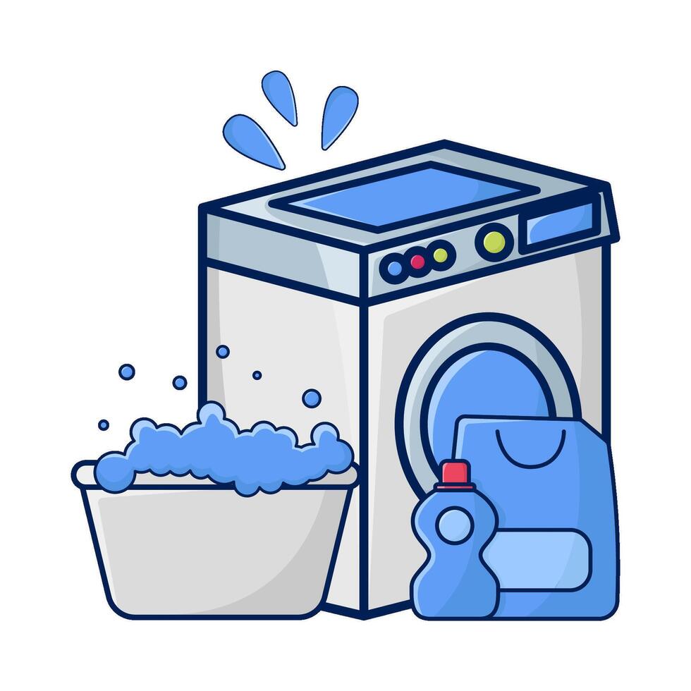 het wassen machine, bassin met fles wasmiddel vloeistof illustratie vector