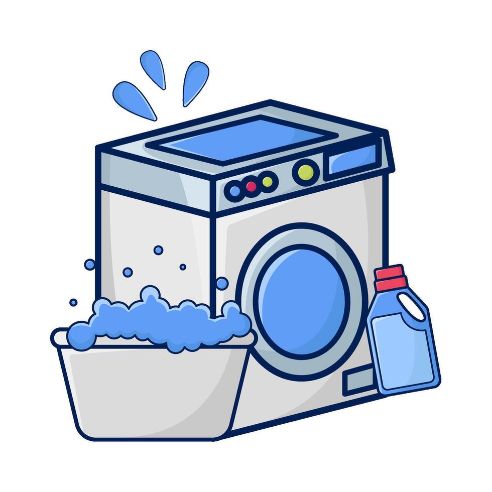 het wassen machine, fles wasmiddel vloeistof met water in bassin illustratie vector