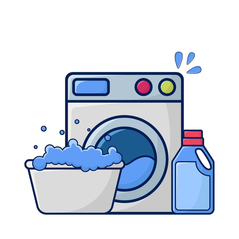 het wassen machine, fles wasmiddel vloeistof met water in bassin illustratie vector